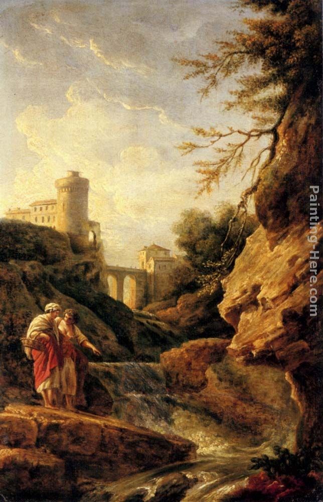 Claude-Joseph Vernet Two female peasants by a waterfall, a town and aqueduct beyond